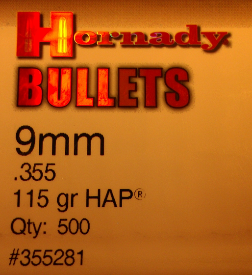 9mm/.355 Hornady 115 grains HAP 500 stk.